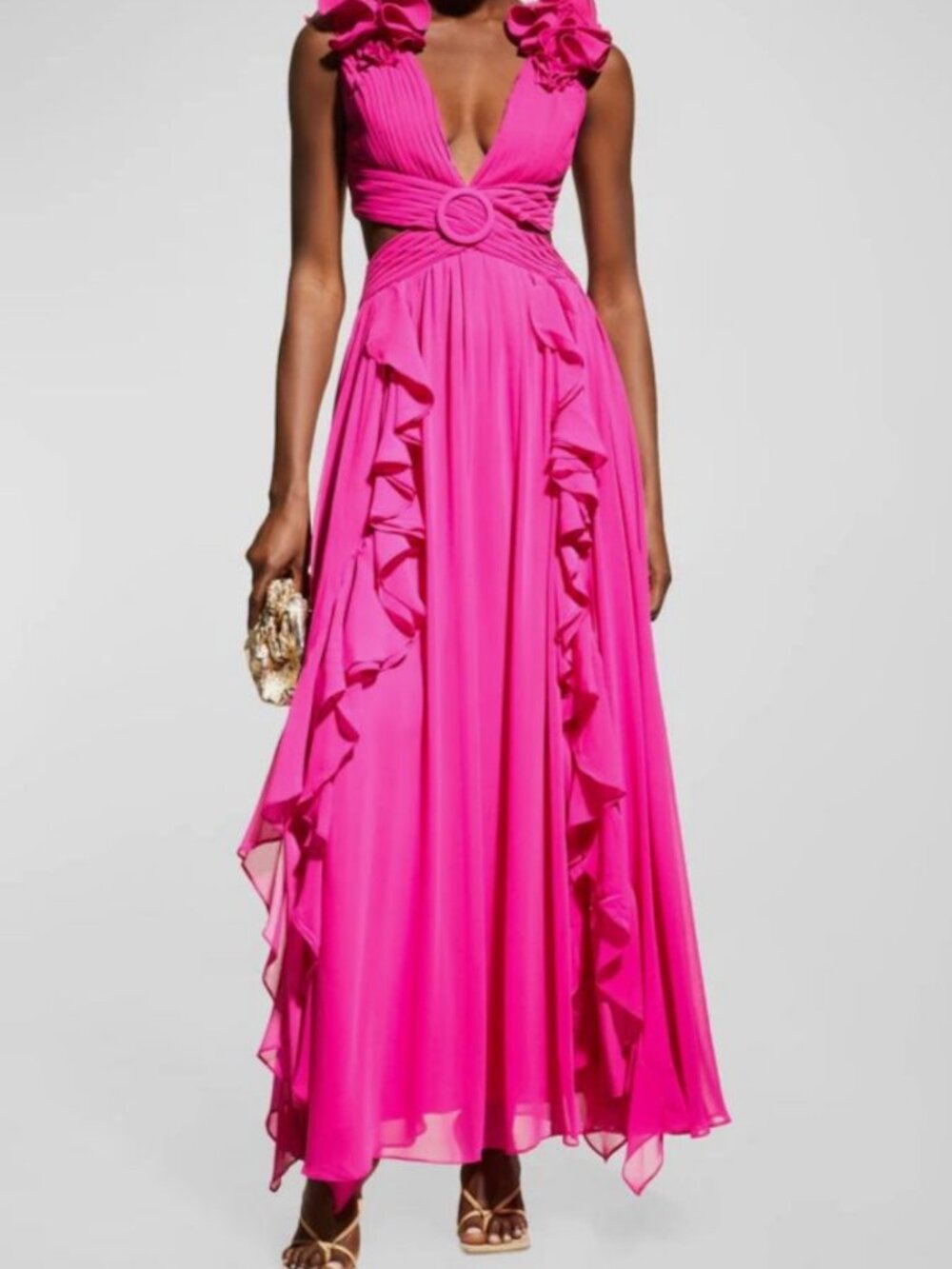 PatBo Women's Pink Chiffon Ruffled Cut-Out Maxi Dress Size 0